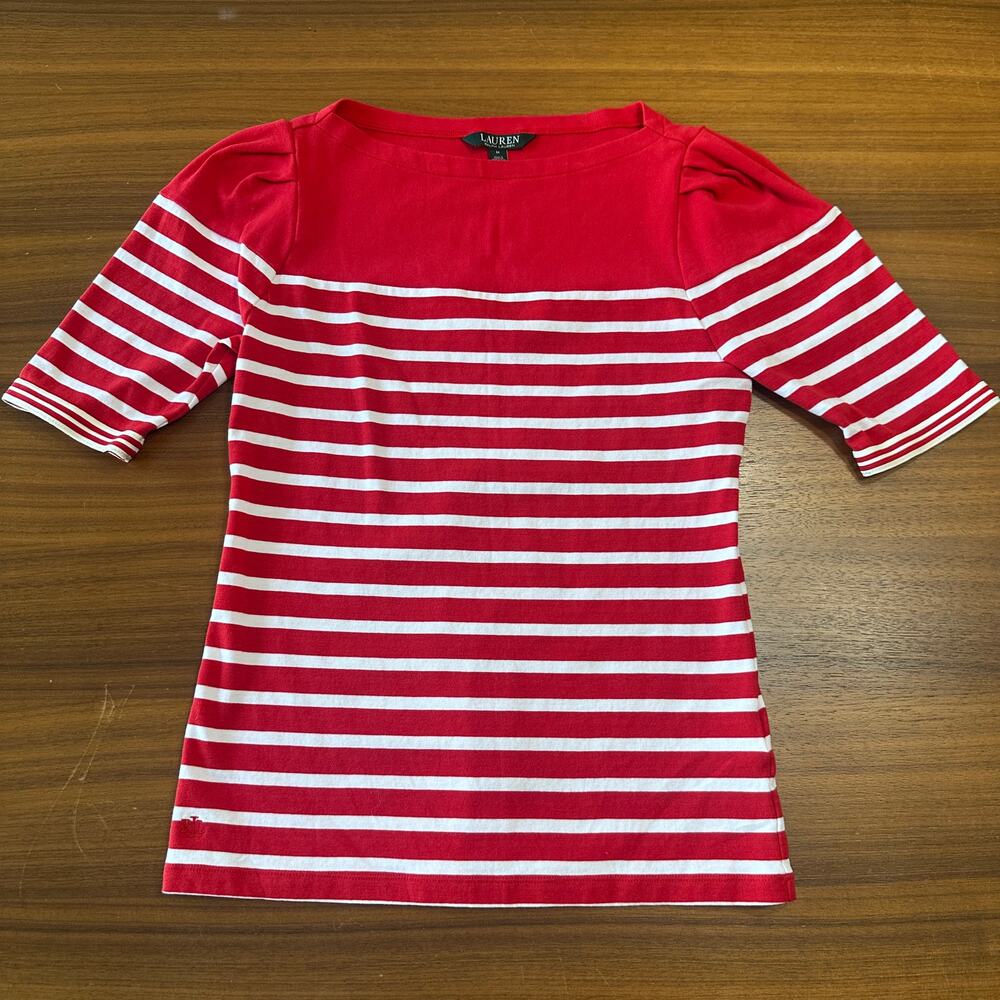 Lauren Ralph Lauren Red/White Striped Preppy Nautical Puff Sleeve Top, Logo, M